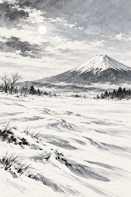 雪原と冬晴れの富士山