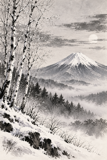 霧氷の白樺と富士山