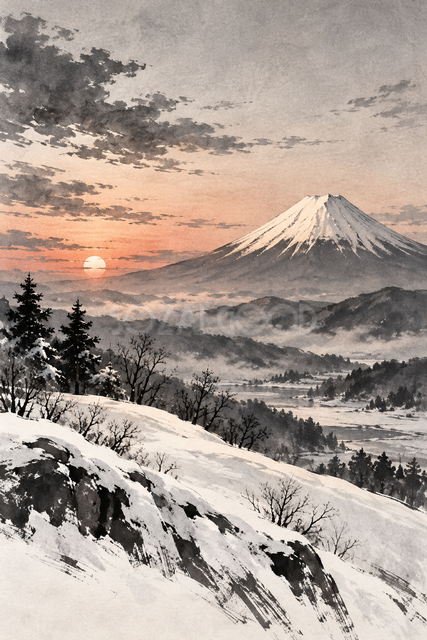 夕焼けと雪の丘の富士山