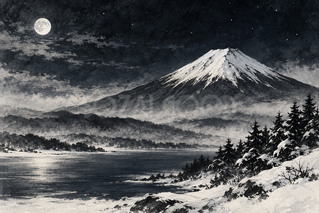 冬の月夜の富士山