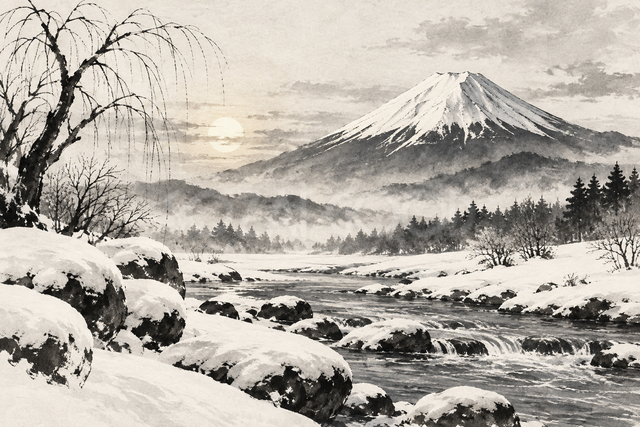 雪の渓流と富士山