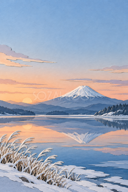 冬の湖と朝焼けの富士山