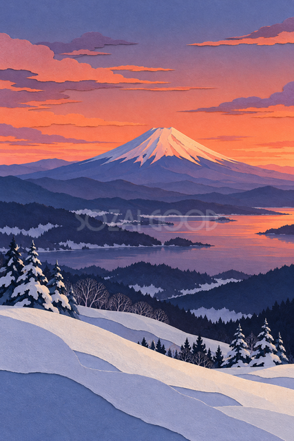 夕焼けと雪の丘の富士山