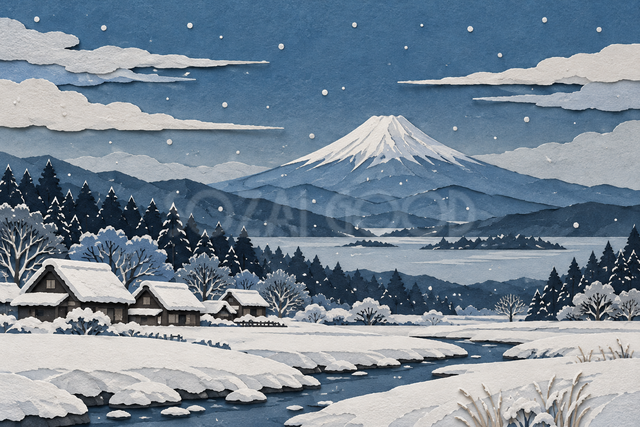 雪の里山と富士山