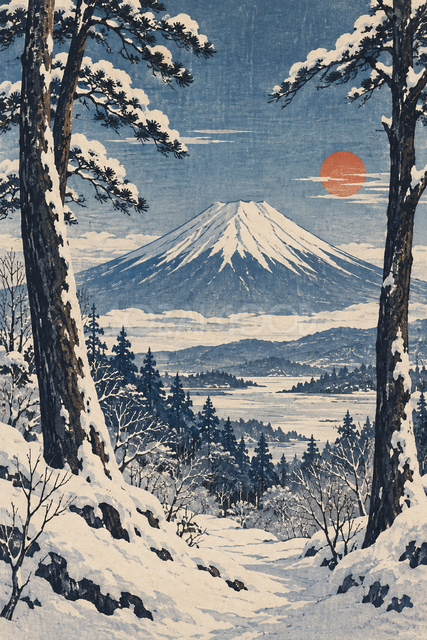 雪の松林から見る富士山