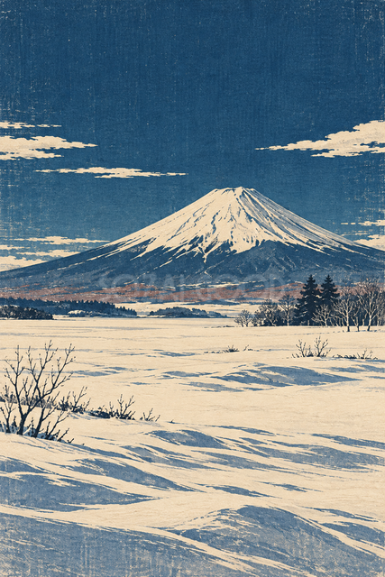 雪原と冬晴れの富士山