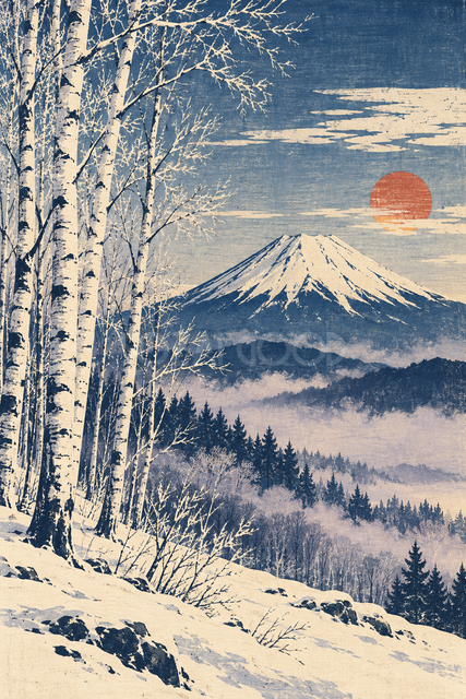 霧氷の白樺と富士山