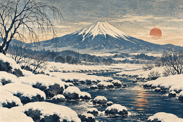 雪の渓流と富士山