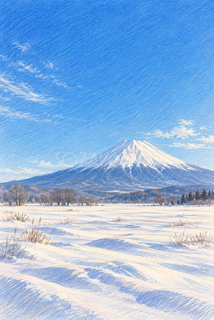 雪原と冬晴れの富士山
