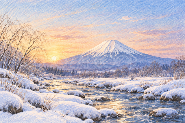 雪の渓流と富士山