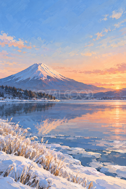 冬の湖と朝焼けの富士山