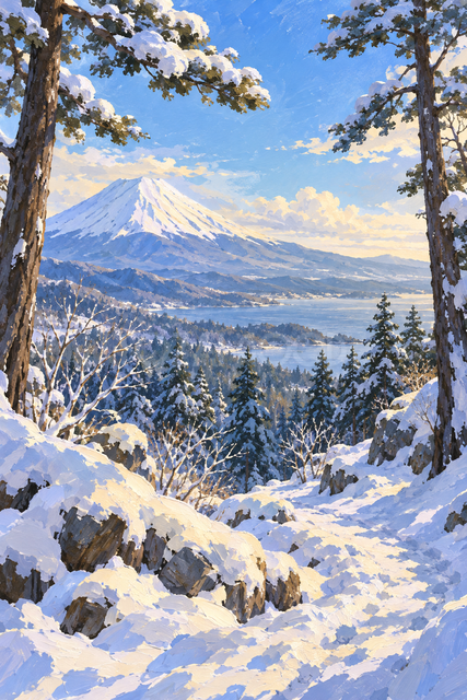 雪の松林から見る富士山