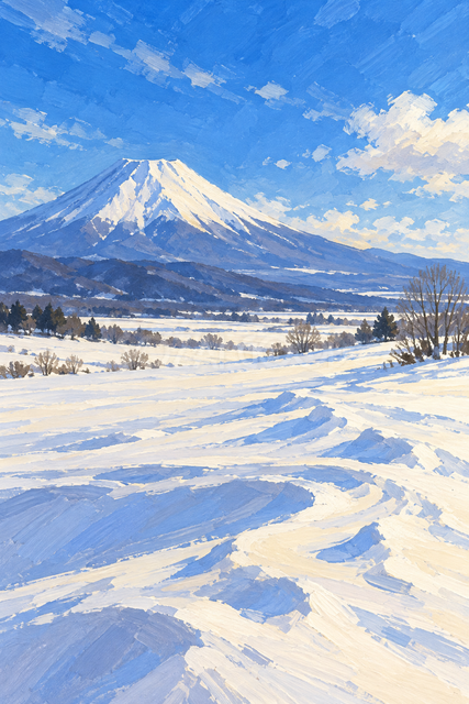 雪原と冬晴れの富士山