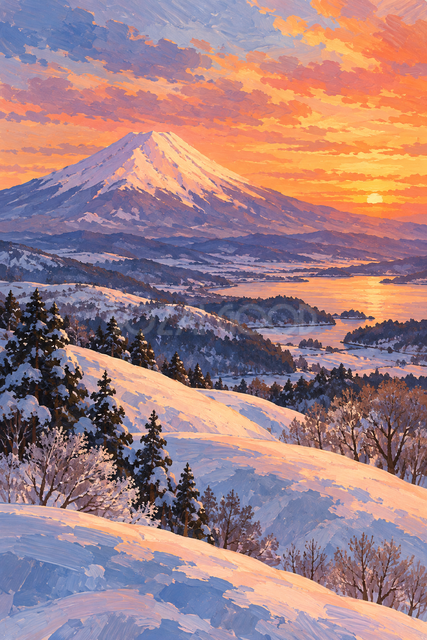 夕焼けと雪の丘の富士山