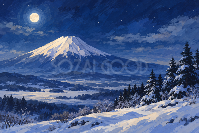 冬の月夜の富士山