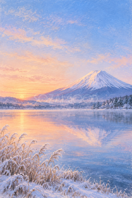 冬の湖と朝焼けの富士山