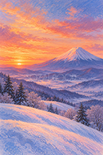 夕焼けと雪の丘の富士山