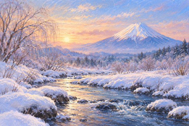 雪の渓流と富士山