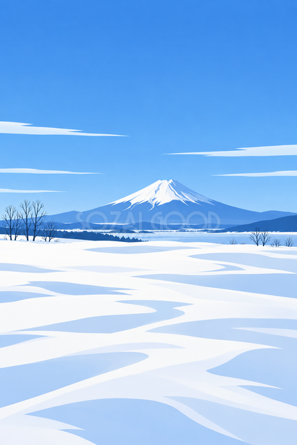 雪原と冬晴れの富士山