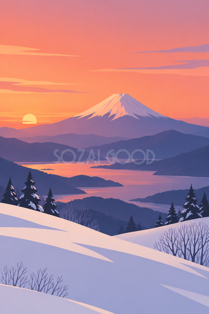 夕焼けと雪の丘の富士山