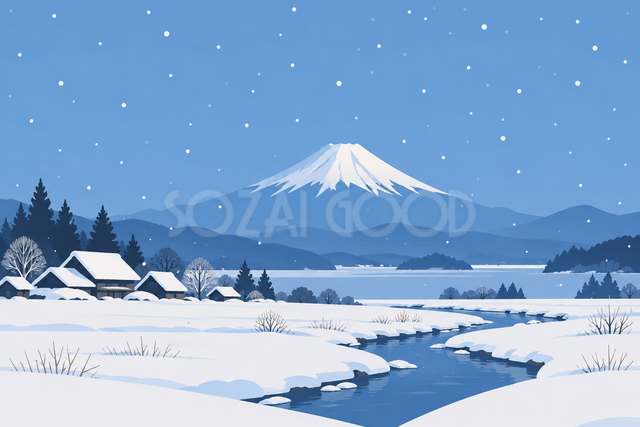 雪の里山と富士山