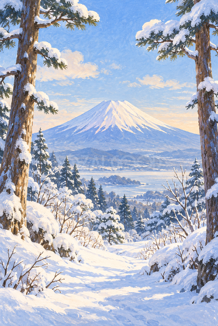 雪の松林から見る富士山