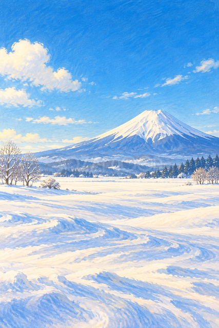 雪原と冬晴れの富士山