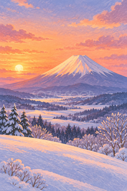 夕焼けと雪の丘の富士山