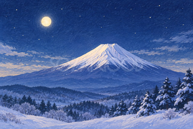 冬の月夜の富士山