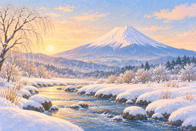雪の渓流と富士山