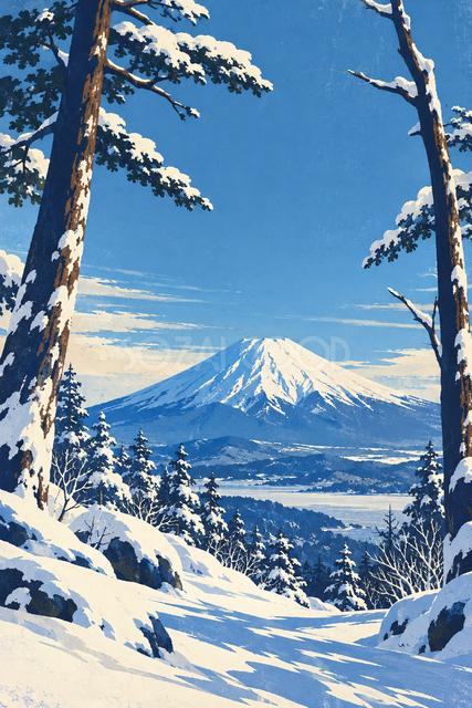 雪の松林から見る富士山