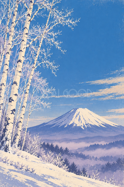 霧氷の白樺と富士山