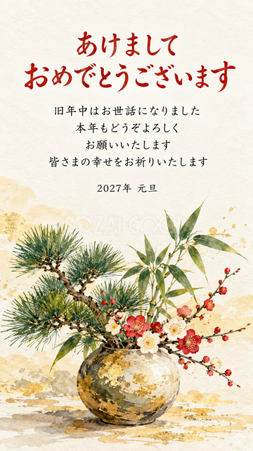 松竹梅を添えた丸い花器