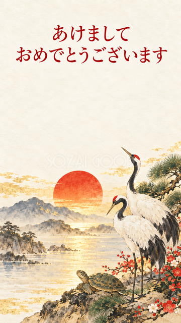 二羽の鶴と丸い朝日