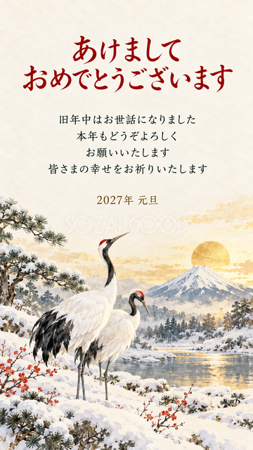 雪景色に立つつがいの鶴