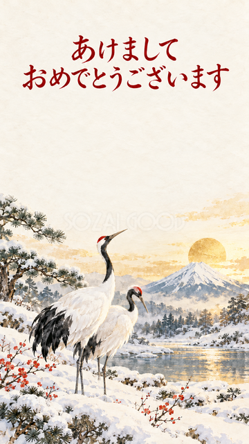 雪景色に立つつがいの鶴