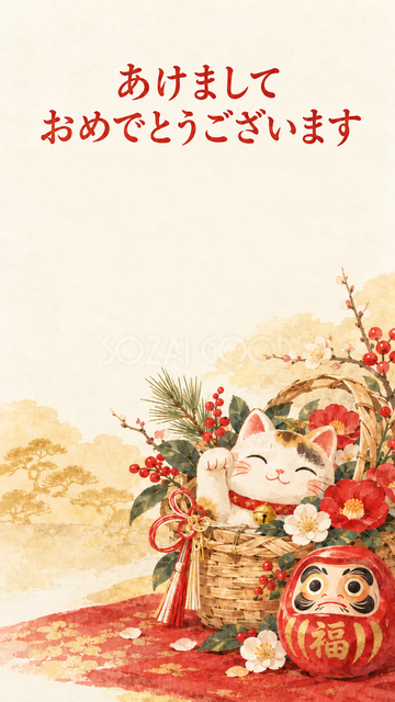 花かごからのぞく招き猫