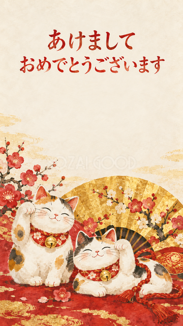 二匹の招き猫と金の扇