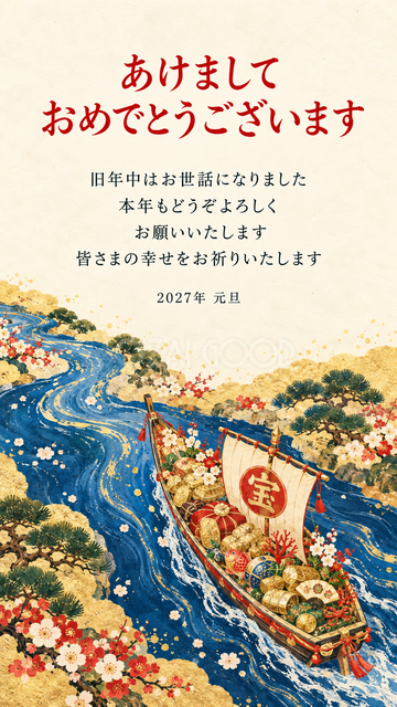 青い川を進む宝船