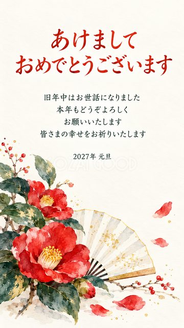 赤い椿と白い扇