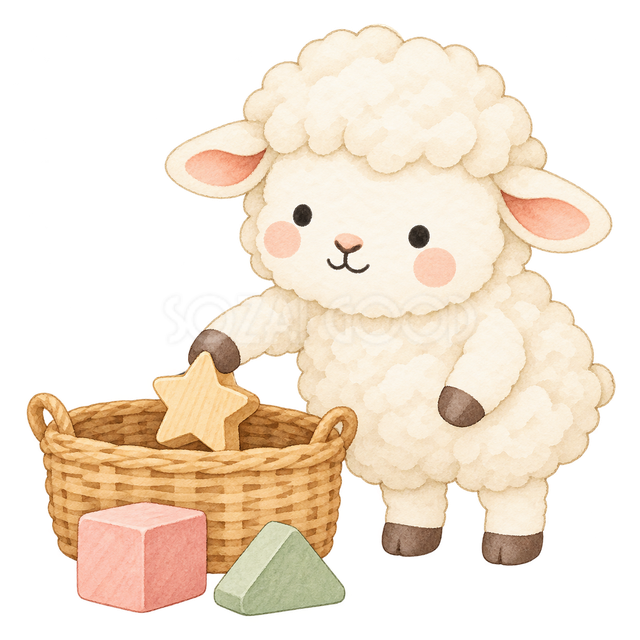 おもちゃを片づける羊