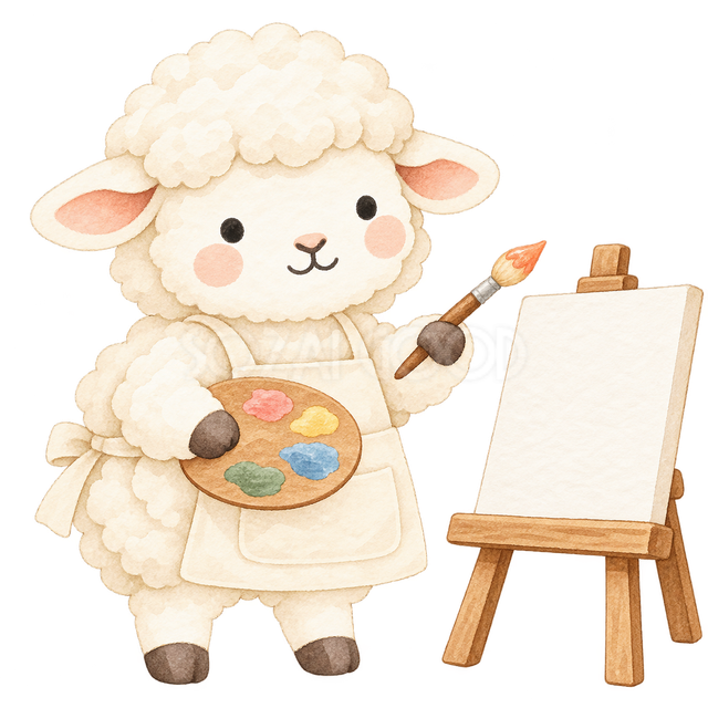 絵筆を持つ羊の絵画教室の先生