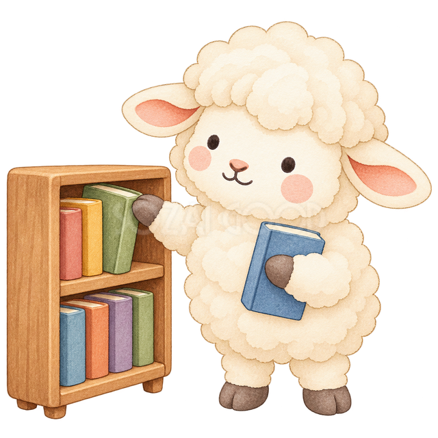 本棚で本を選ぶ羊