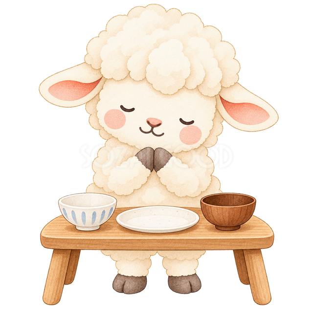 ごちそうさまをする羊