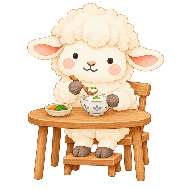 姿勢を整えて食べる羊