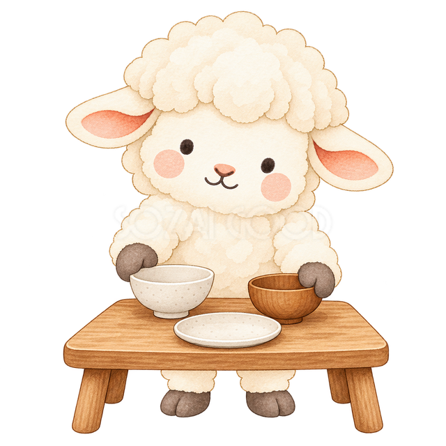 食器を並べる羊