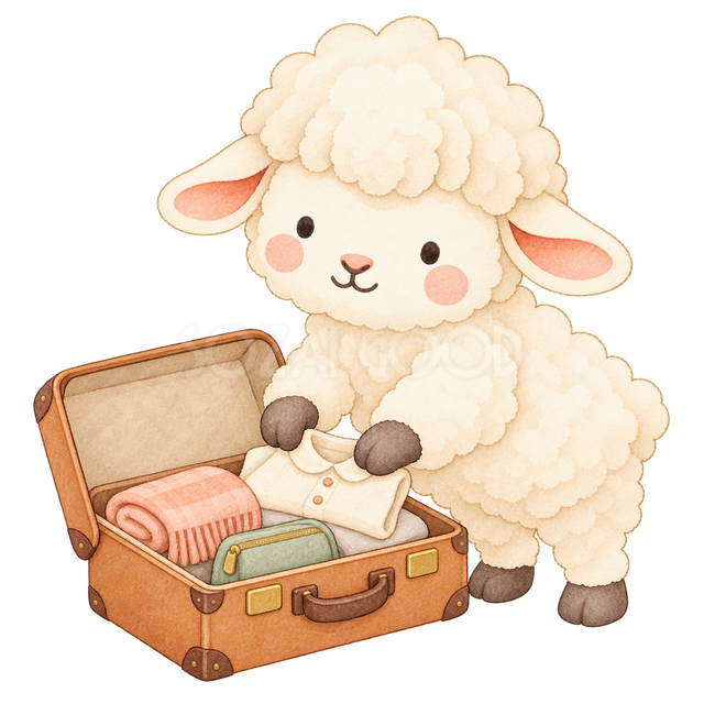 旅行の荷造りをする羊