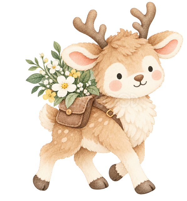 花の包みを届けるトナカイ