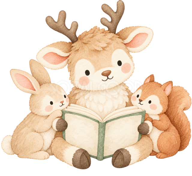 森の仲間と本を読むトナカイ