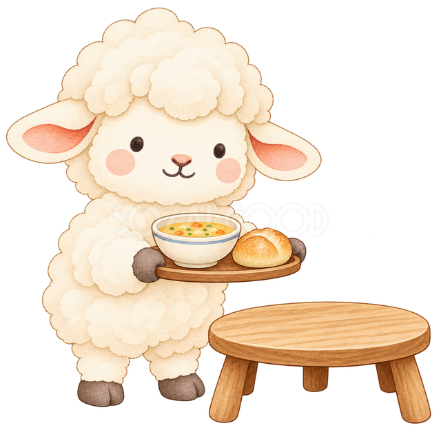 食事のトレーを届ける羊